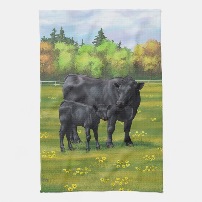 Linge De Cuisine Vache d'Angus noir et veau mou en pâturage d'été (Vertical)