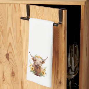 Linge De Cuisine Vache Highland avec Couronne de fleurs de tourneso