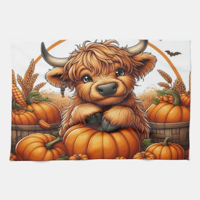 Linge De Cuisine Vache Highland Nichée parmi les Citrouilles de réc (Horizontal)