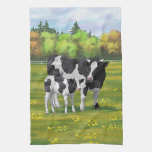 Linge De Cuisine Vache Holstein et veau mignon en pâturage d'été
