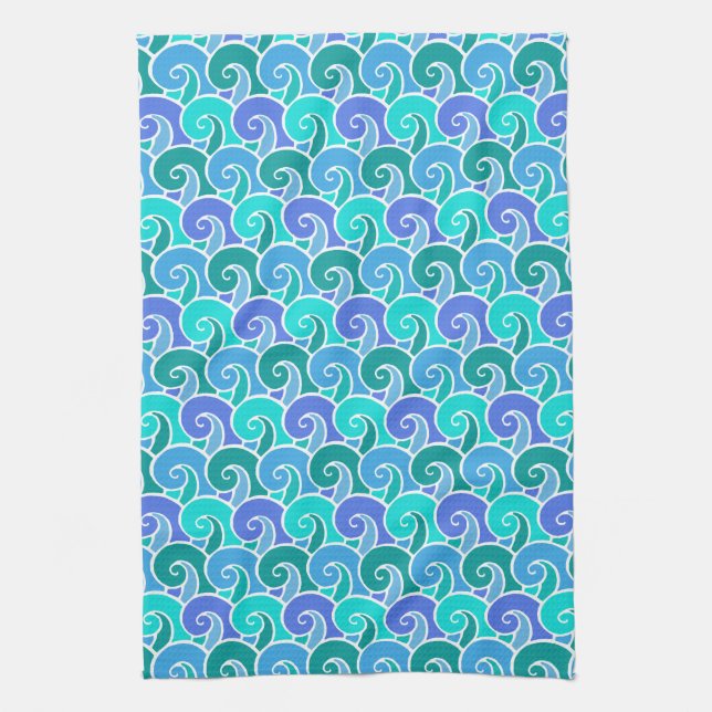 Linge De Cuisine Vagues de l'océan aquatique dans Blue Nautical Bea (Vertical)