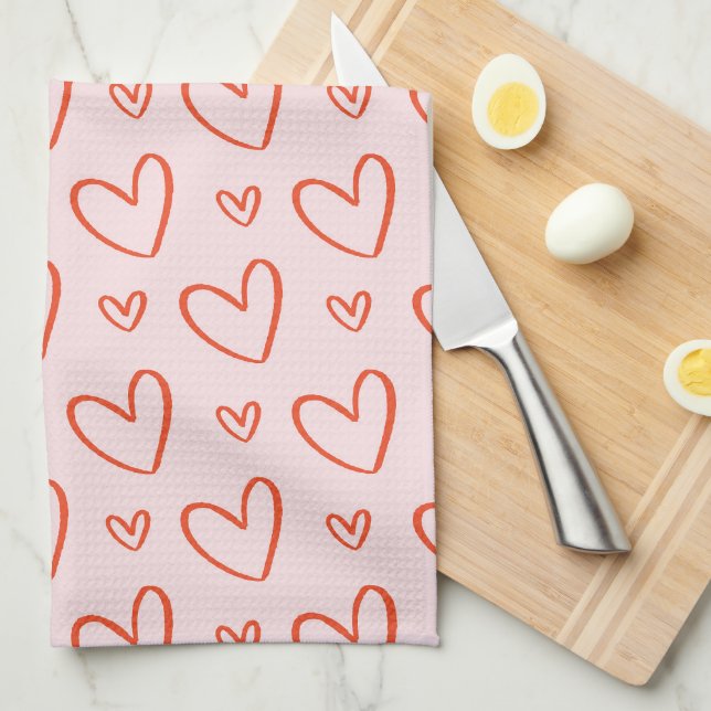 Linge De Cuisine valentines coeur motif en rose et rouge (Quart Plié)