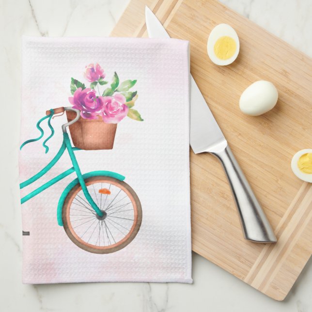 Linge De Cuisine Vélos et roses roses roses (Quart Plié)