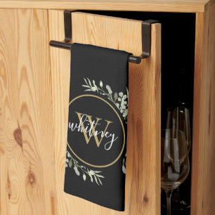 Linge De Cuisine Verdure Or Monogramme Chic Script Noir