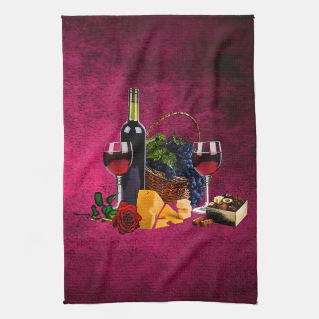 Linge De Cuisine Verres de vin, bouteille, raisin, fromage, chacola (Vertical)