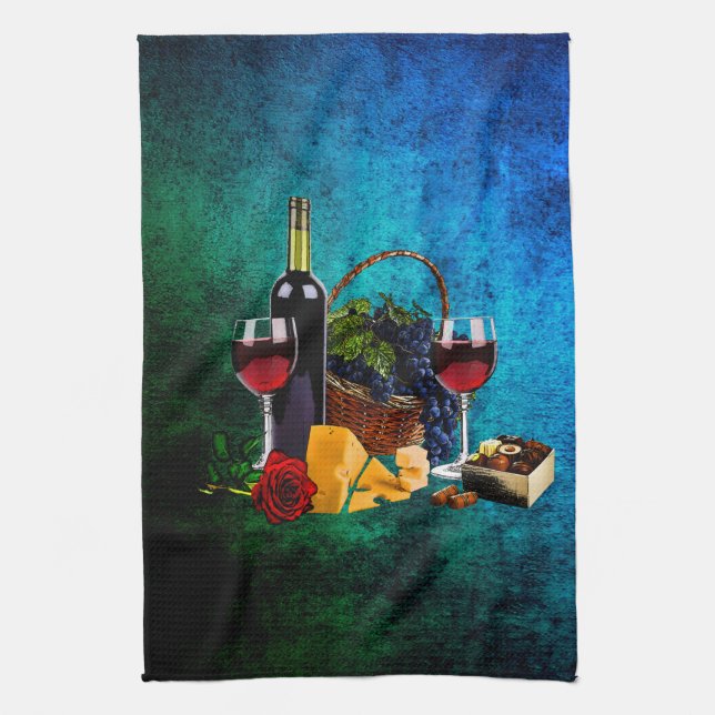 Linge De Cuisine Verres de vin, bouteille, raisin, fromage, chocola (Vertical)