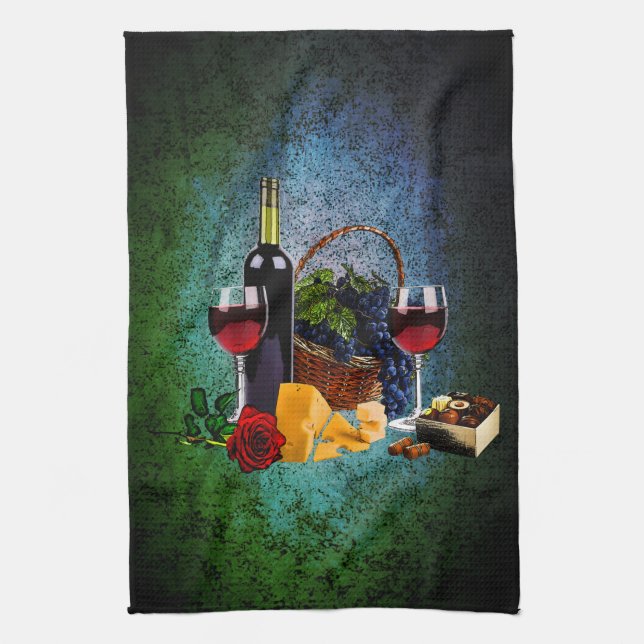 Linge De Cuisine Verres de vin, bouteille, raisin, fromage, chocola (Vertical)