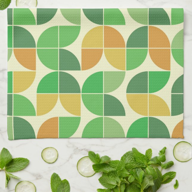 Linge De Cuisine Vert floral géométrique du milieu du siècle rétro (Plié)
