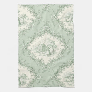 Linge De Cuisine Vert menthe toile florale de campagne française - 