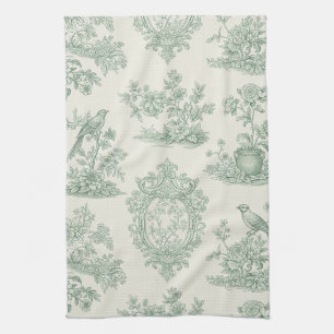 Linge De Cuisine Vert menthe Toile motif floral et oiseaux