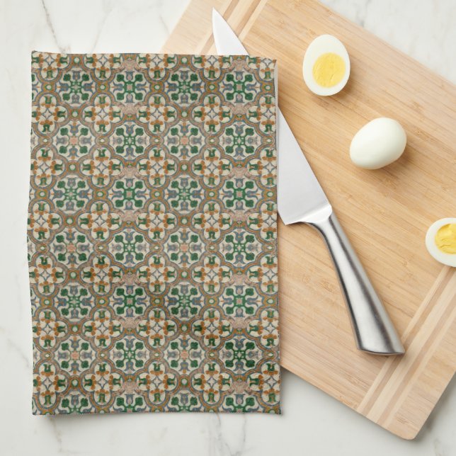 Linge De Cuisine Vert moutarde floral Azulejos motif géométrique (Quart Plié)