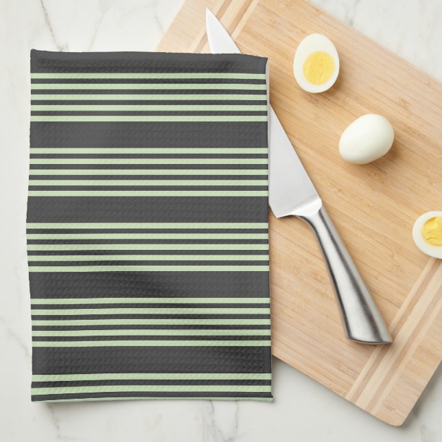 Linge De Cuisine Vert pâle et charbon cinq bandes motif (Quart Plié)