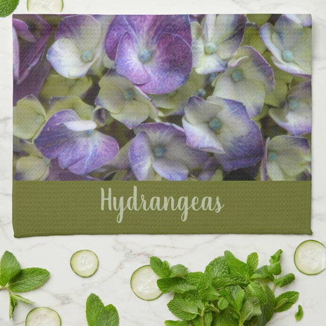 Linge De Cuisine Vert pourpre et crème Hydrangée Belle florale (Plié)