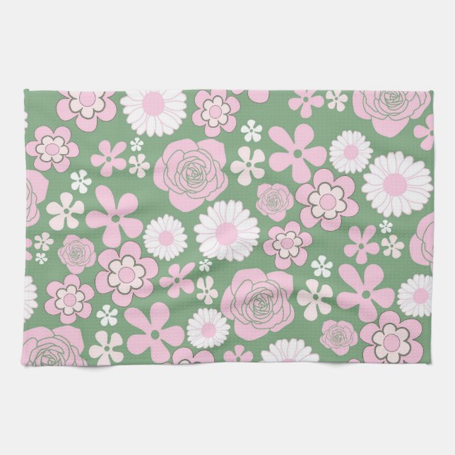 Linge De Cuisine Vert rose Tropical Floral Botanique Printemps Été (Horizontal)