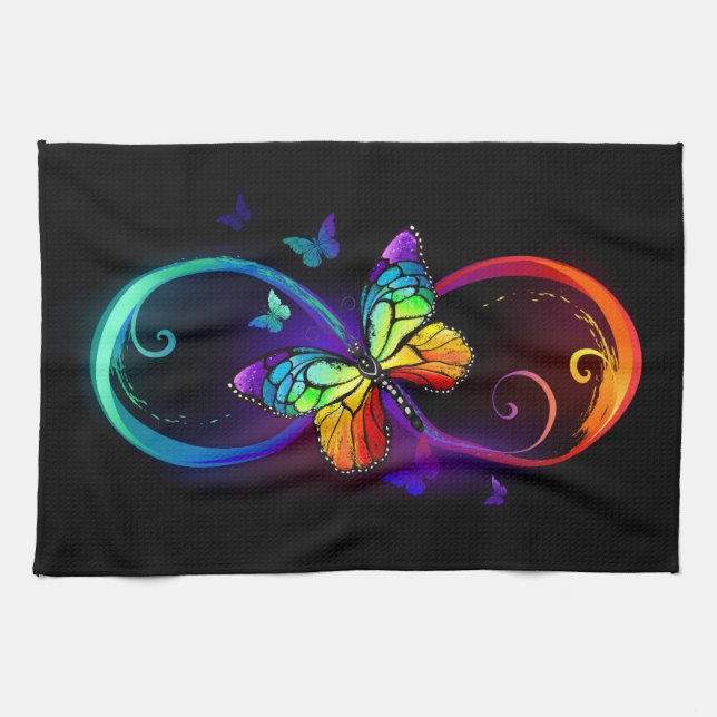 Linge De Cuisine Vibrant infinity with rainbow butterfly on black (Horizontal)