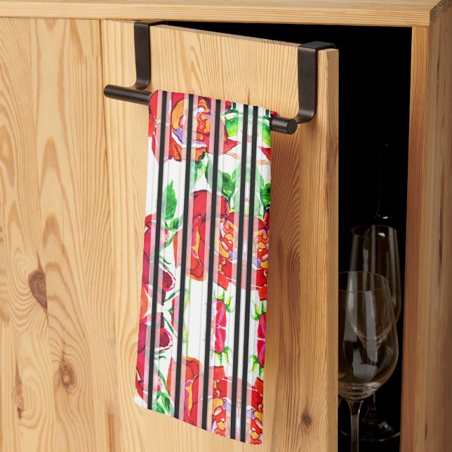 Linge De Cuisine Vibrant red flowers and green leaves on curtains (Créateur téléchargé)