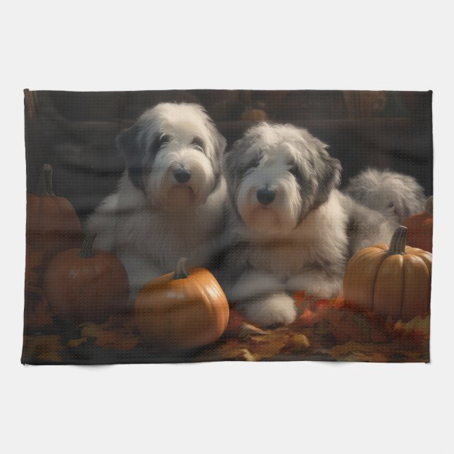 Linge De Cuisine Vieux anglais Sheepdog Chiot Chiot Automne Citroui (Horizontal)