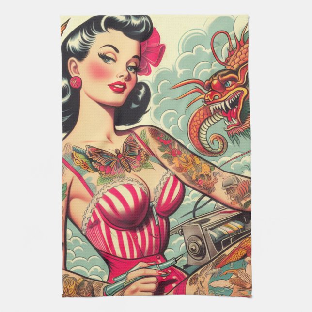 Linge De Cuisine Vieux Tatouage de l'école Pin-up (Vertical)