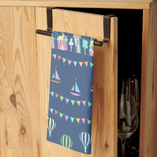 Linge De Cuisine Ville côtière voiliers et motif de guirlandes bleu