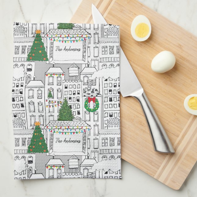 Linge De Cuisine Ville Noël Personnalisé Main-Drawn Whimsical (Quart Plié)