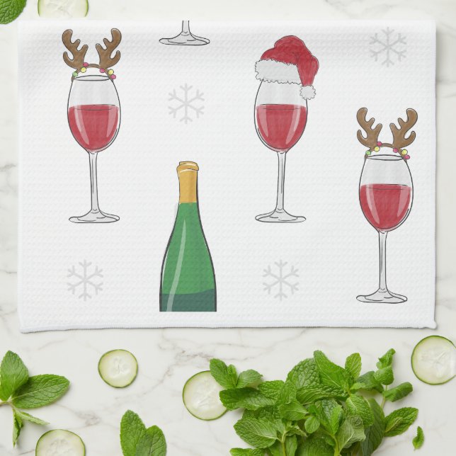 Linge De Cuisine Vin Noël Père Noël Reindeer Snowflakes (Plié)