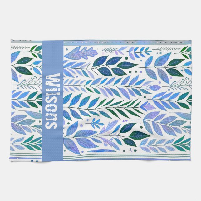 Linge De Cuisine Vins feuillus motif. bleu et périphérique (Horizontal)
