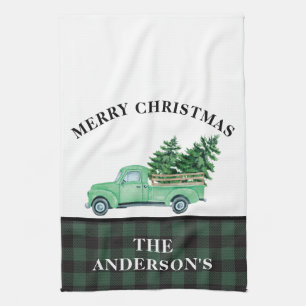 Linge De Cuisine Vintage Camion vert Noël Arbre Plaid Ferme