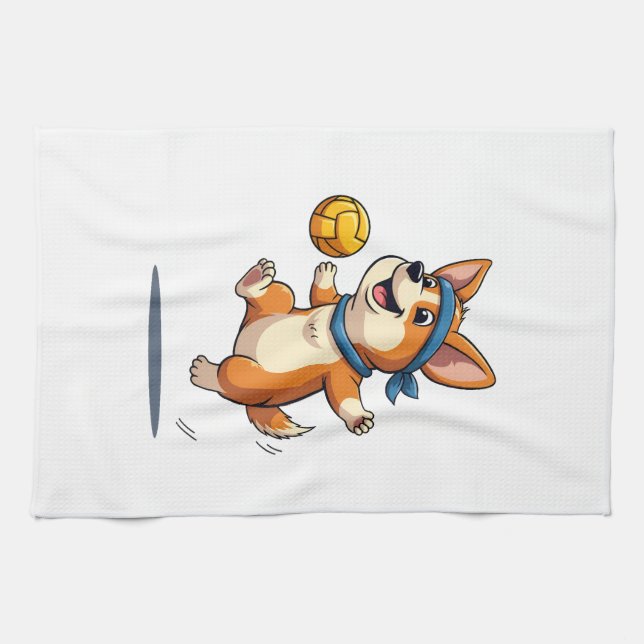 Linge De Cuisine Vintage Corgi Volleyball Illustration Cute Dog Ath (Horizontal)