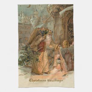 Linge De Cuisine Vintage Gold Père Noël et Ange