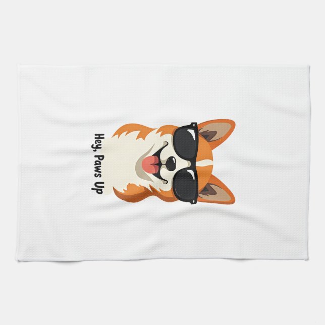 Linge De Cuisine Vintage Hey, Paws Up Corgi avec Lunettes de Soleil (Horizontal)