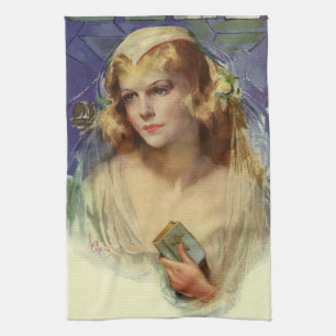 Linge De Cuisine Vintage mariée tenant une Bible, Mariage religieux