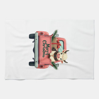 Linge De Cuisine Vintage Merry Christmas Highland Cow in Pink Farm 