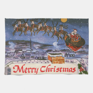 Linge De Cuisine Vintage Noël Le Père Noël Volant Son Sommeil