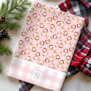 Linge De Cuisine Vintage Père Noël Rose En vichy Monogramme Noël