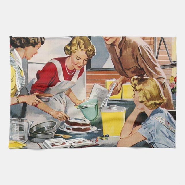 Linge De Cuisine Vintage Rétro Ladies Making a Cake (Horizontal)