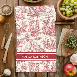 Linge De Cuisine Vintage rouge toile de jouy imprimé