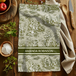 Linge De Cuisine Vintage vert gris toile de jouy imprimé