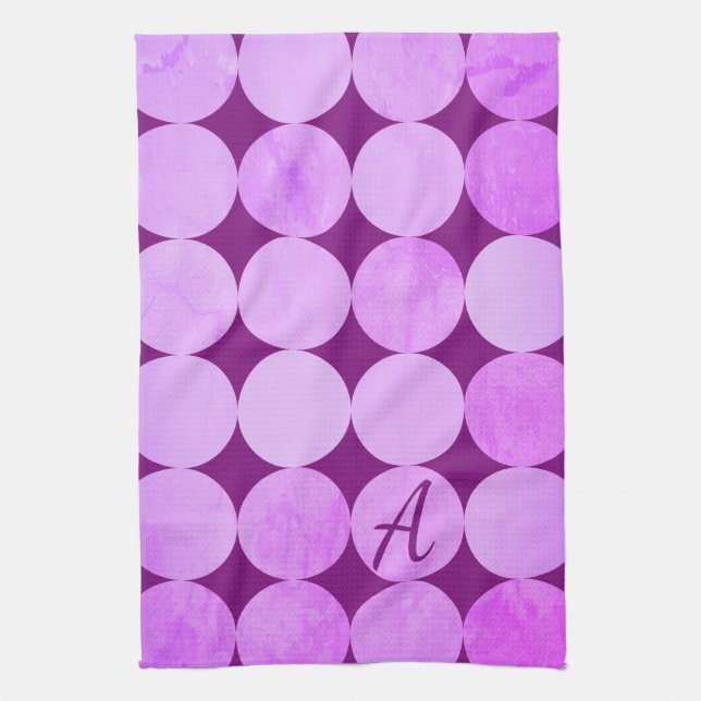 Linge De Cuisine Violet, Violet Magenta et Cercles roses Monogramme (Vertical)