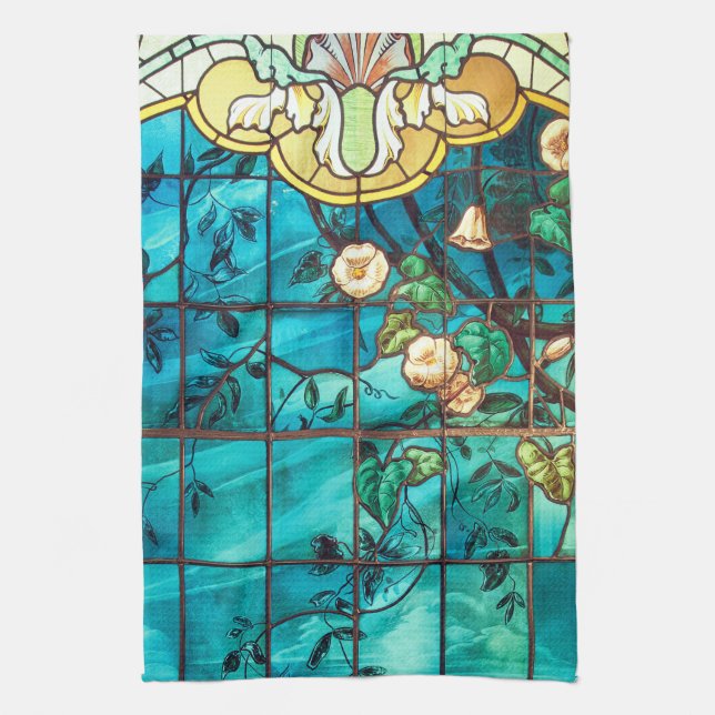 Linge De Cuisine Vitrail Art nouveau floral victorien (Vertical)