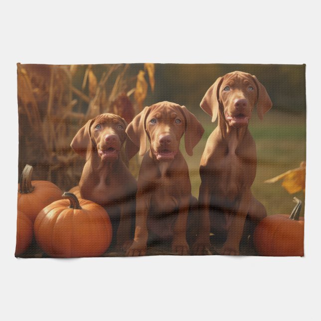 Linge De Cuisine Vizsla Chiot Automne Citrouille délice (Horizontal)