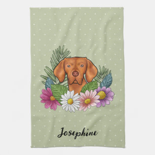 Linge De Cuisine Vizsla Hongroise Et Fleurs D'Été Colorées Vert