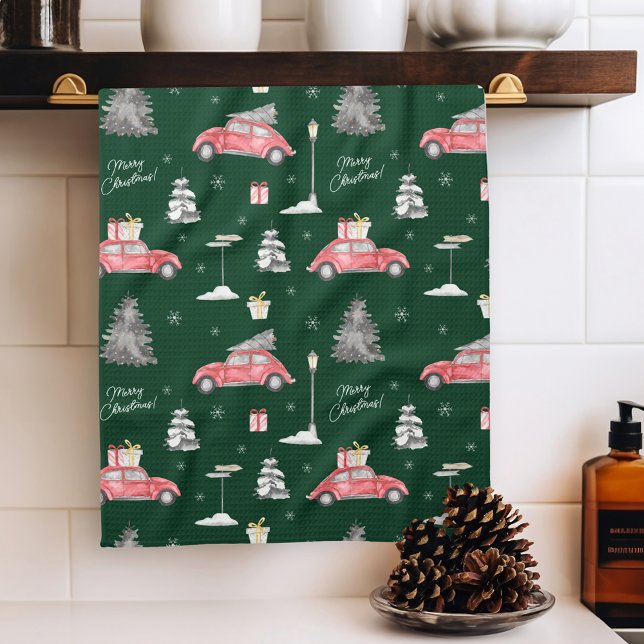 Linge De Cuisine Voiture rouge Motif d'hiver Joyeux Noël vert (Créateur téléchargé)