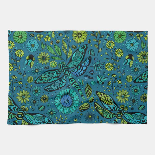 Linge De Cuisine Voler, pilonner la libellule en bleu (Horizontal)