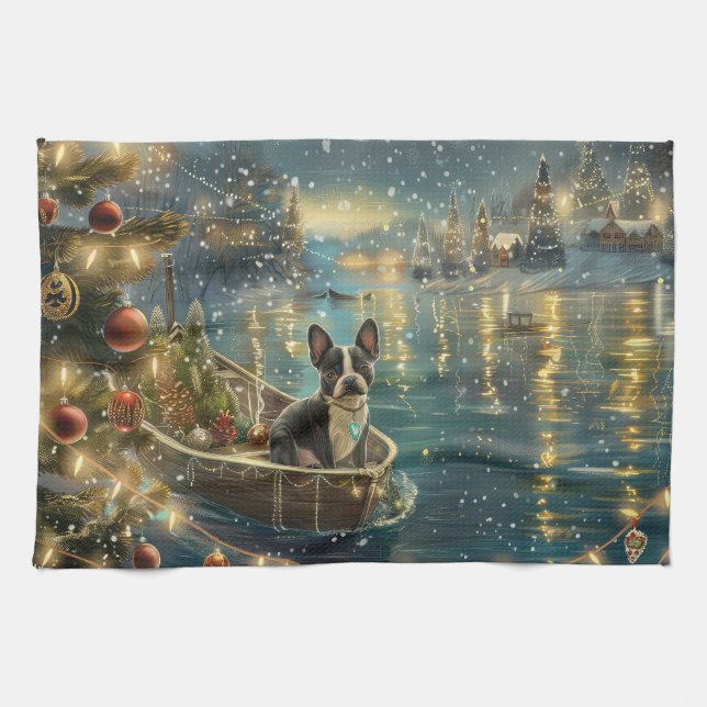 Linge De Cuisine Voyage festif de Noël de Boston Terrier (Horizontal)
