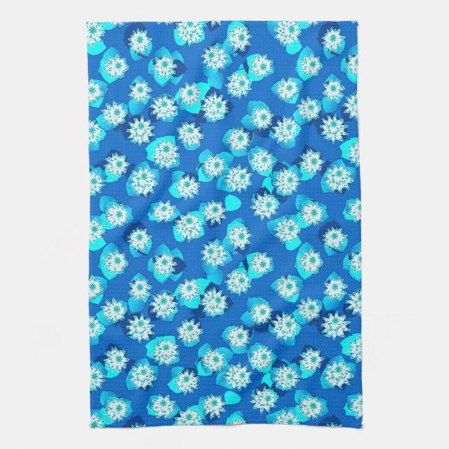 Linge De Cuisine Water Lily Motif, Turquoise, Bleu et Blanc (Vertical)