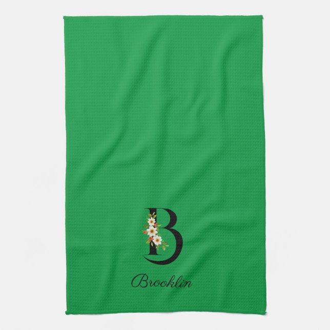 Linge De Cuisine Watercolor botanical green initial monogram (Vertical)