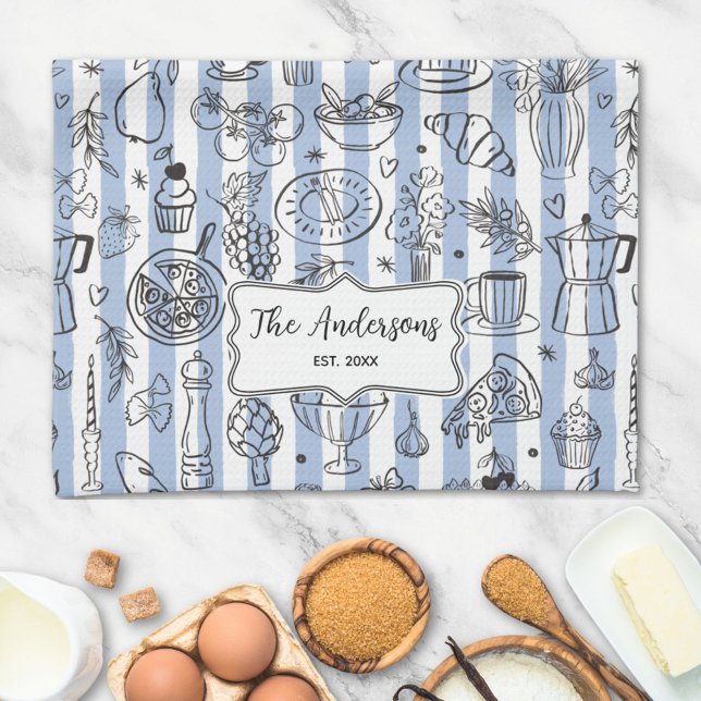 Linge De Cuisine Whimsical Italian Food Illustration Blue Stripes (In situ)