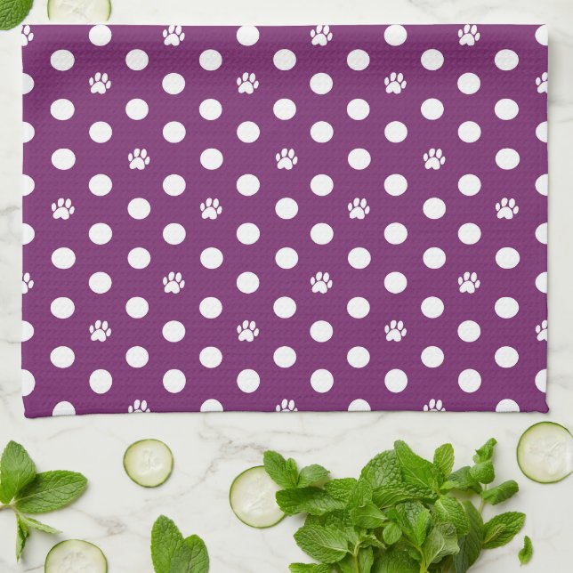 Linge De Cuisine Whimsical Polka Dot Dog Empreinte de patte violet (Plié)