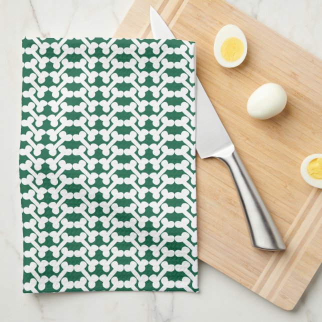 Linge De Cuisine White Dog Bone Herringbone Pattern Hunter Green (Quart Plié)