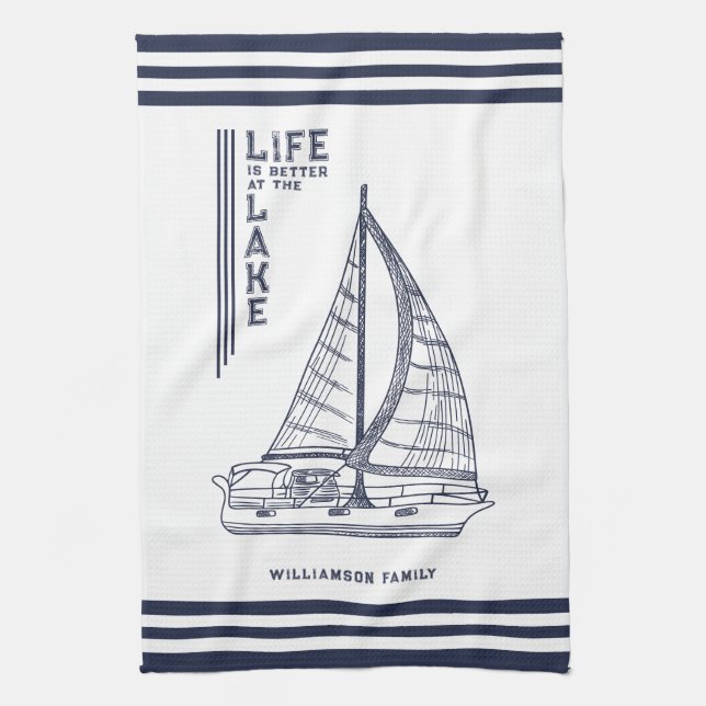 Linge De Cuisine White Navy Blue Life is Better at the Lake (Vertical)